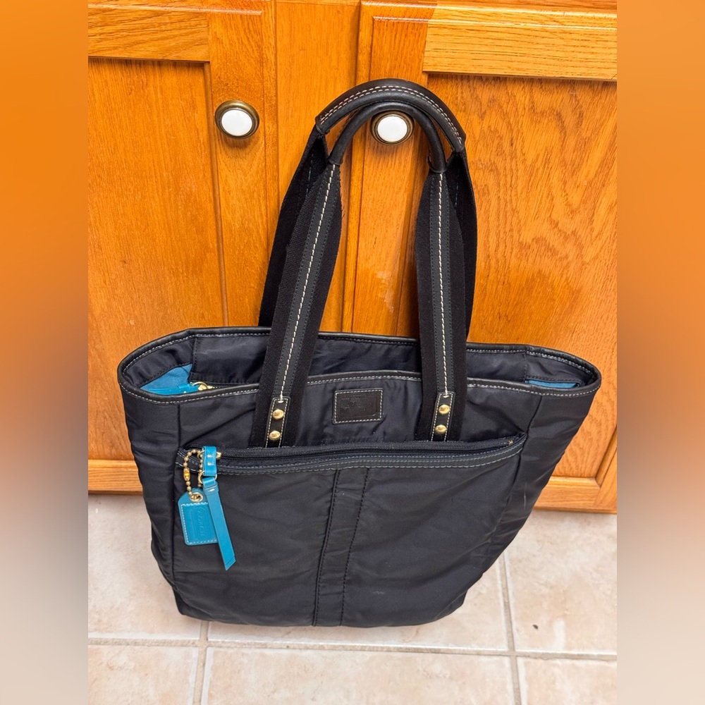 Coach Black Hampton Nylon Tote with Teal Accents - Picture 2 of 16